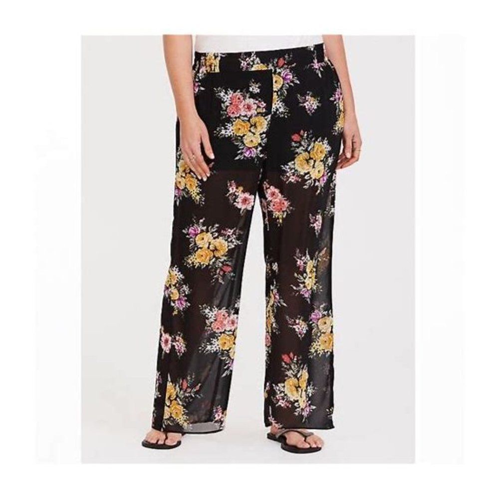 Torrid Black Floral Chiffon Pull-On Stretch Waist Pants Size 1 - 14/16